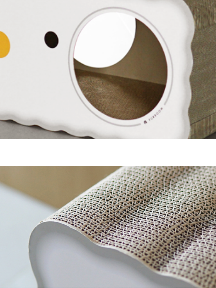 chick scratching cat house