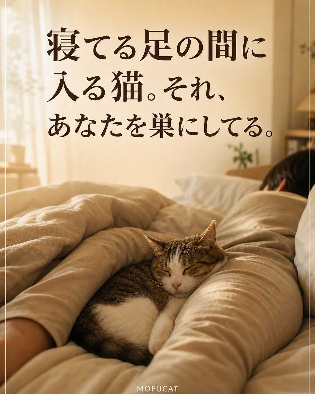 寝てる足の間に入る猫。それ、あなたを巣にしてる