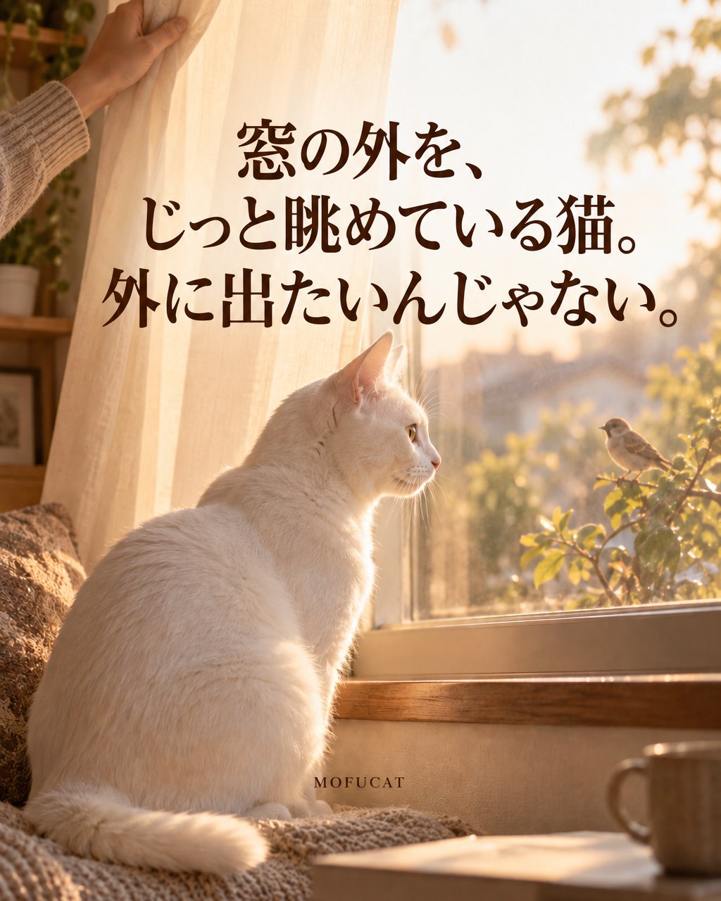 窓の外を、じっと眺めている猫｜外に出たいんじゃない
