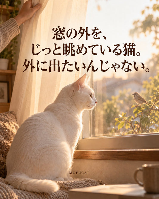窓の外を、じっと眺めている猫｜外に出たいんじゃない
