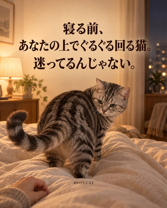 寝る前、あなたの上でぐるぐる回る猫｜迷ってるんじゃない