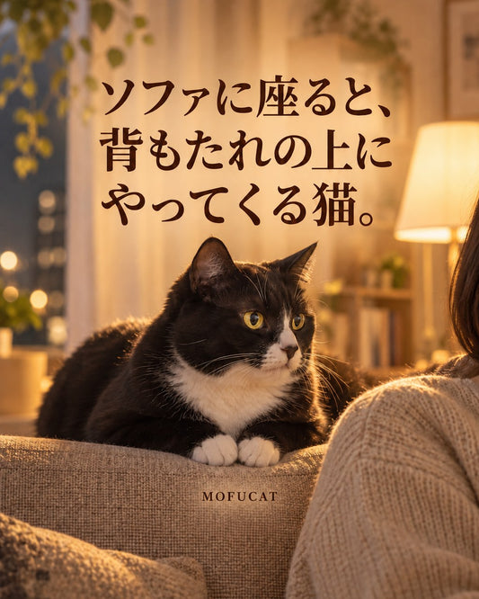 ソファに座ると、背もたれの上にやってくる猫