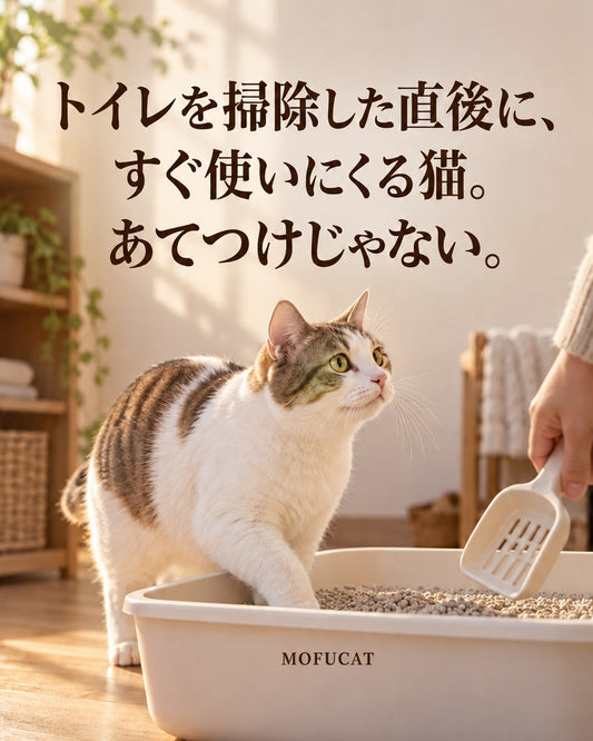 トイレを掃除した直後に、すぐ使いにくる猫｜あてつけじゃない