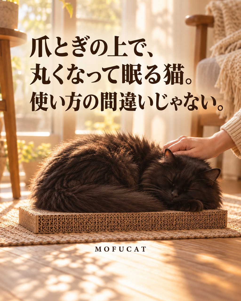 爪とぎの上で、丸くなって眠る猫｜使い方の間違いじゃない