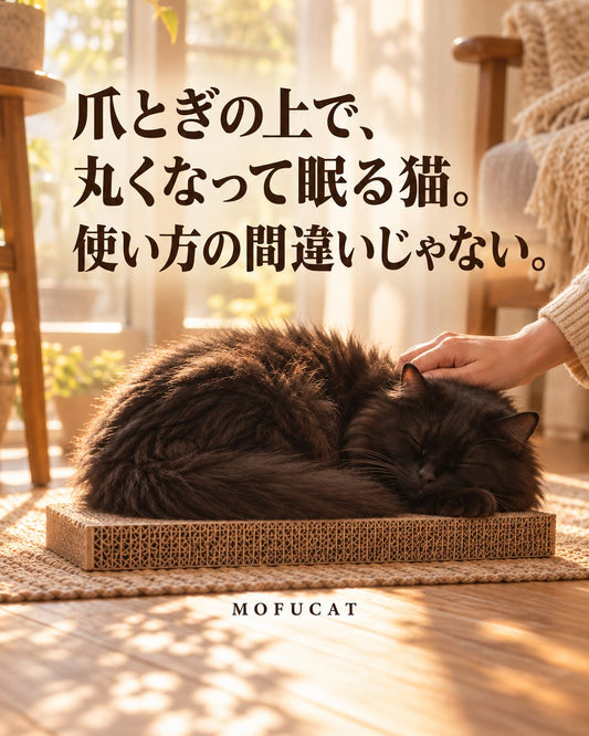爪とぎの上で、丸くなって眠る猫｜使い方の間違いじゃない