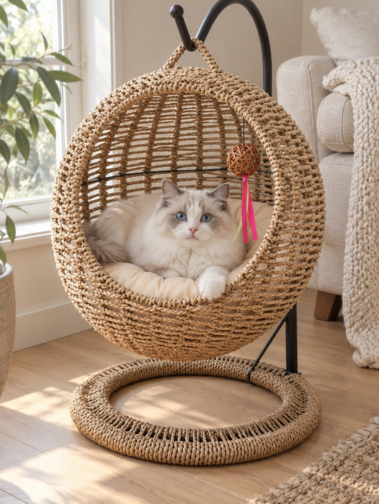 人気No.1猫ベッド！サークル型ラタン風 キャットハウス（クッション付き） 01_ナチュラル_こちらを見る猫