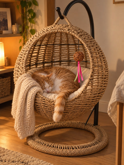 人気No.1猫ベッド！サークル型ラタン風 キャットハウス（クッション付き） 02_ナチュラル_眠る猫
