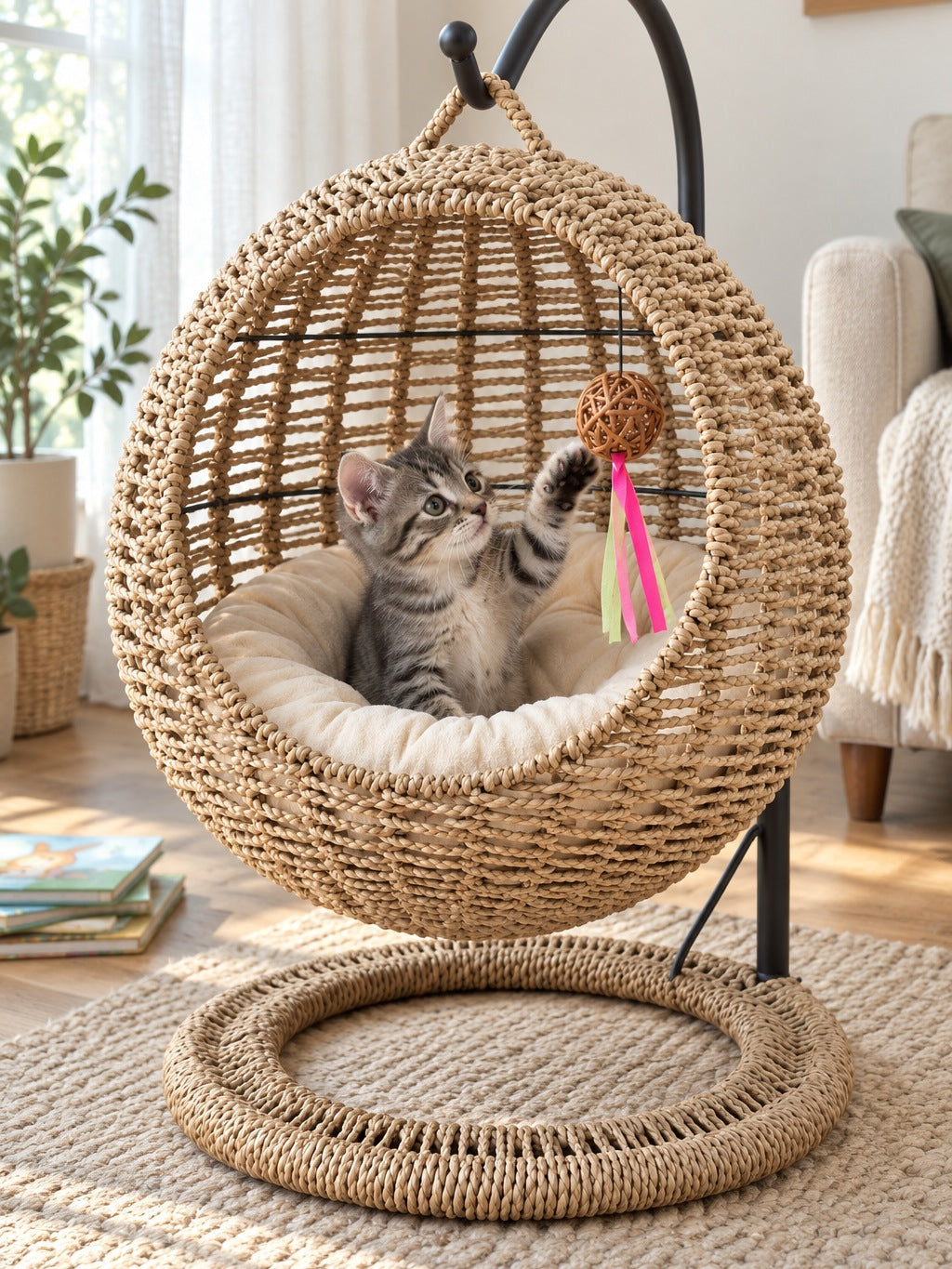 人気No.1猫ベッド！サークル型ラタン風 キャットハウス（クッション付き） 03_ナチュラル_じゃれる子猫