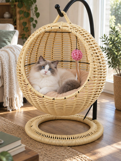 人気No.1猫ベッド！サークル型ラタン風 キャットハウス（クッション付き） 04_ベージュ_くつろぐ猫