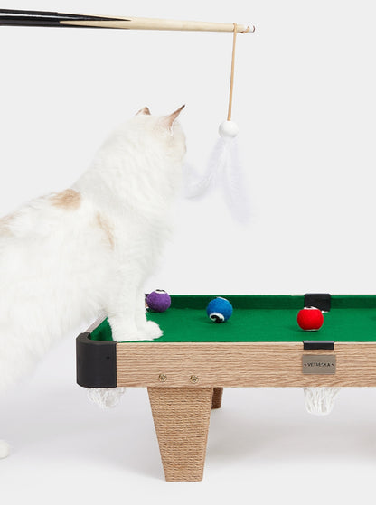 Billiard type cat toy [nail scratching board + cat teaser cue + felt ball]