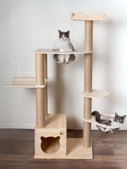 Wood cat tower with a capsule bed where you can see the popular paws