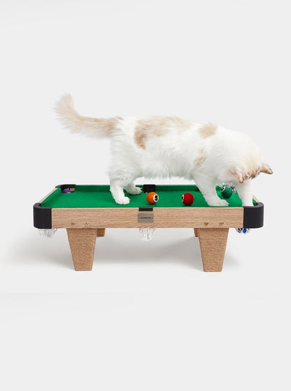 Billiard type cat toy [nail scratching board + cat teaser cue + felt ball]