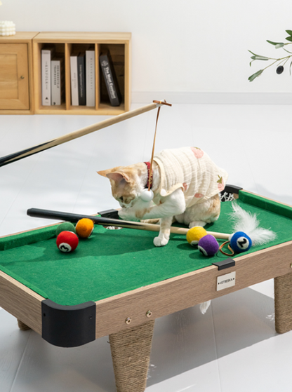 Billiard type cat toy [nail scratching board + cat teaser cue + felt ball]