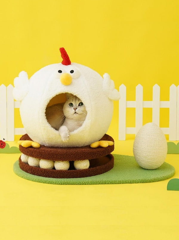 Chicken cat house with egg scratcher and trackball toy 