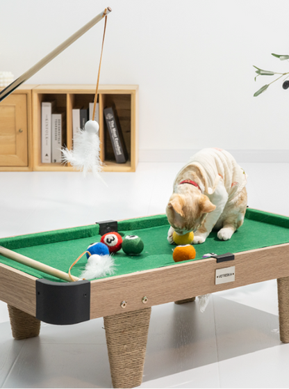 Billiard type cat toy [nail scratching board + cat teaser cue + felt ball]