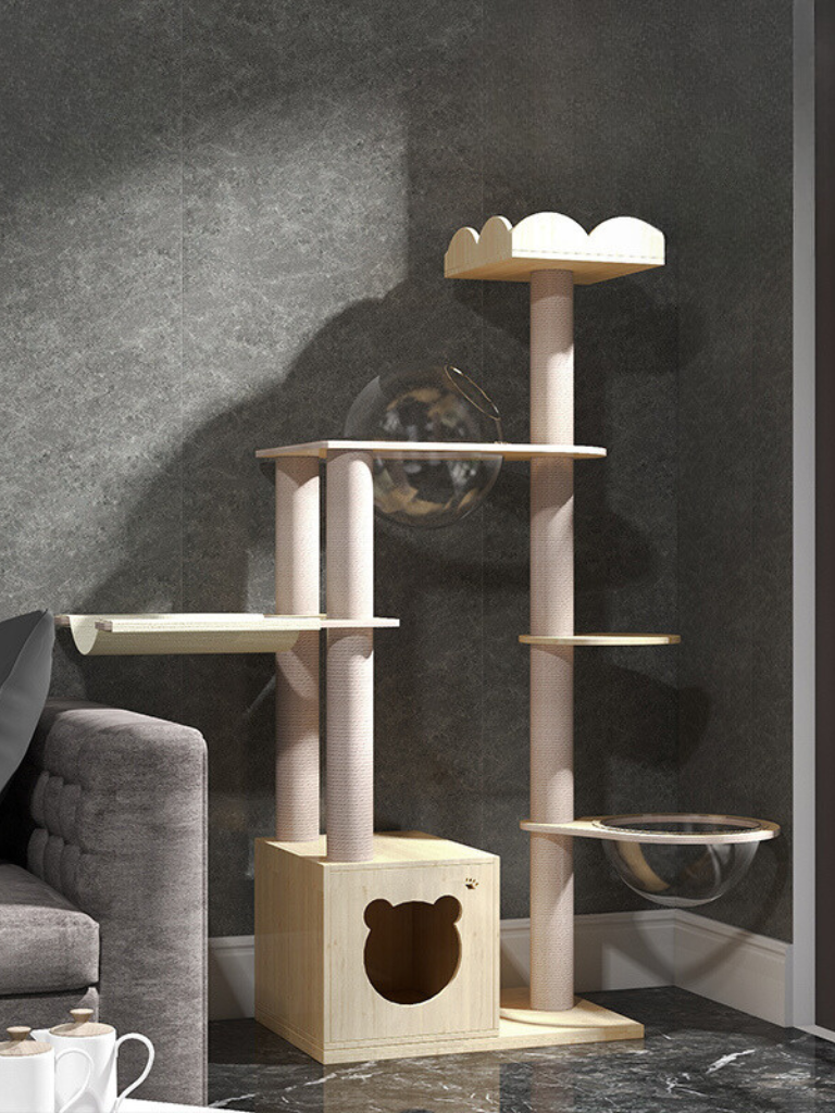 Wood cat tower with a capsule bed where you can see the popular paws