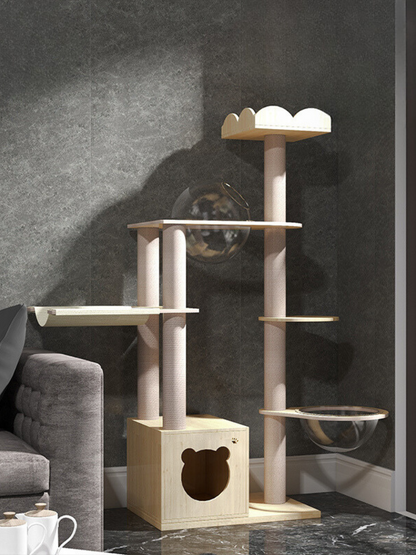 Wood cat tower with a capsule bed where you can see the popular paws