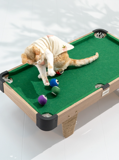 Billiard type cat toy [nail scratching board + cat teaser cue + felt ball]