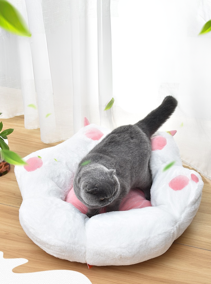 肉球の形の猫ベッドでくつろぐ猫