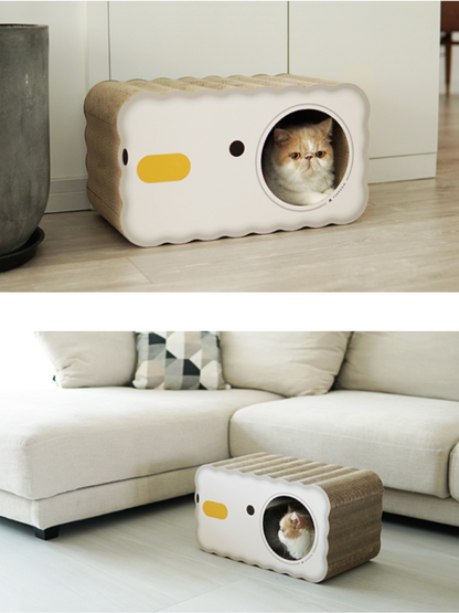 chick scratching cat house 