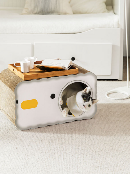 chick scratching cat house 