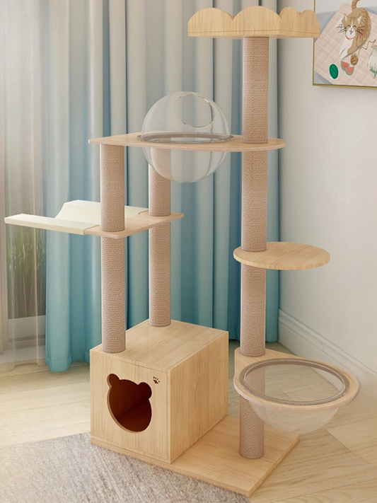 Wood cat tower with a capsule bed where you can see the popular paws