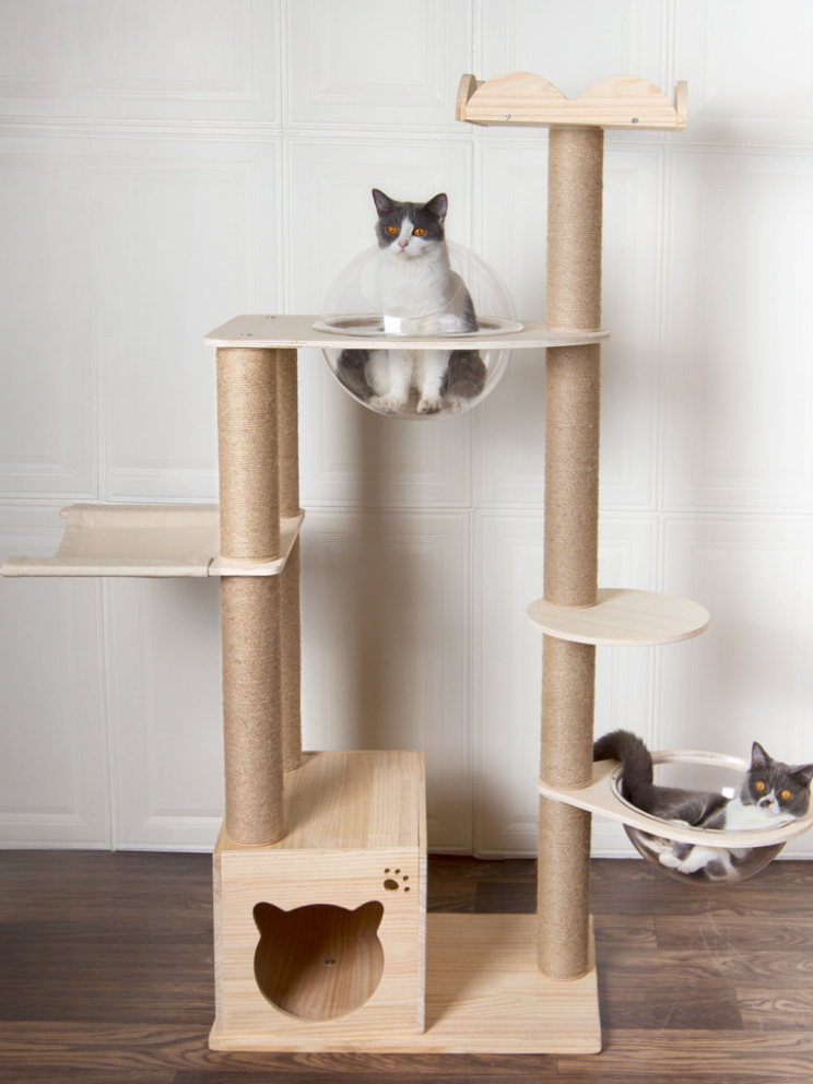 Wood cat tower with a capsule bed where you can see the popular paws