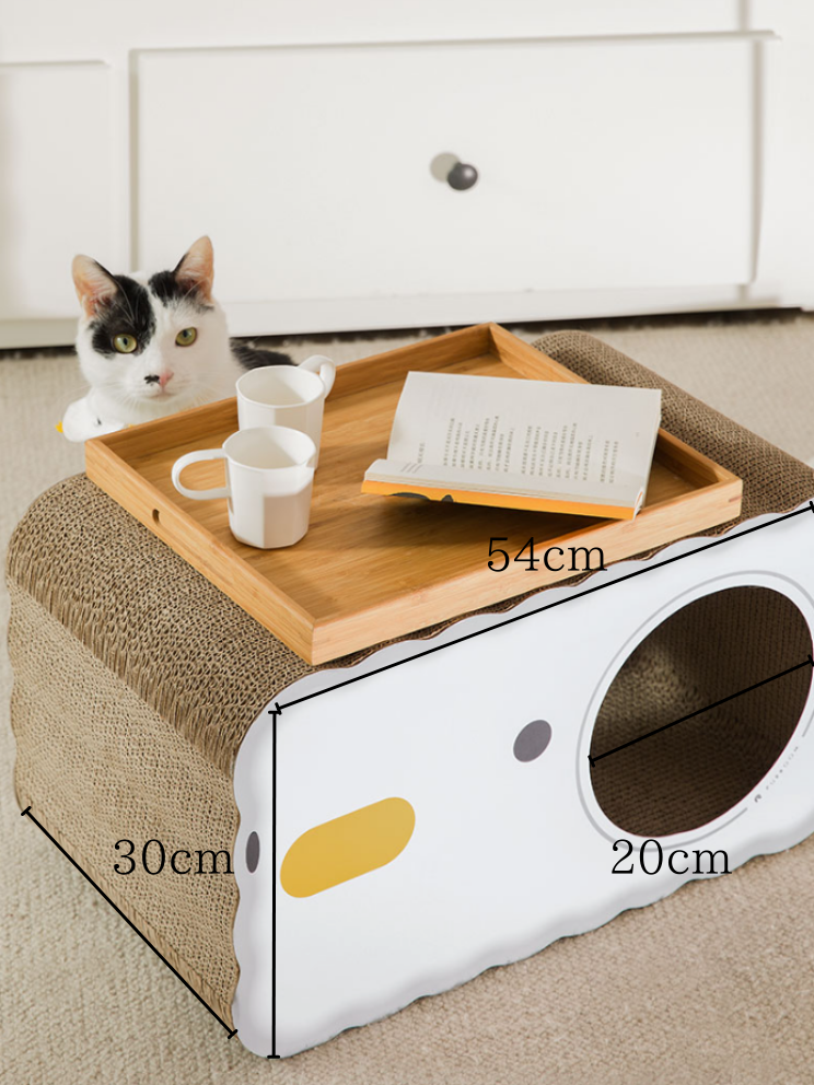 chick scratching cat house 