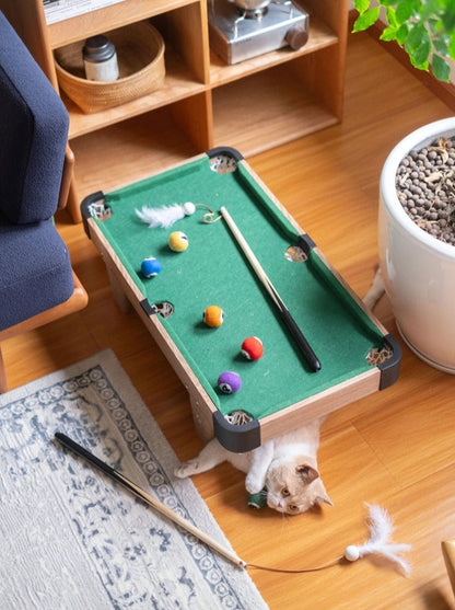 Billiard type cat toy [nail scratching board + cat teaser cue + felt ball]