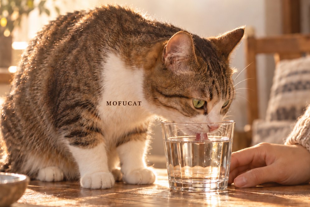 コップの水を飲む猫